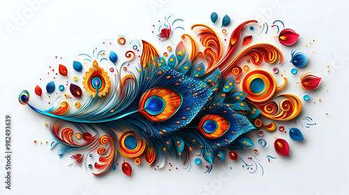 Vibrant 3D Isolated Peacock Feather and Rangoli Vector Design on White Background - Colorful Cultural Elements with Clean Lines and Glowing Details