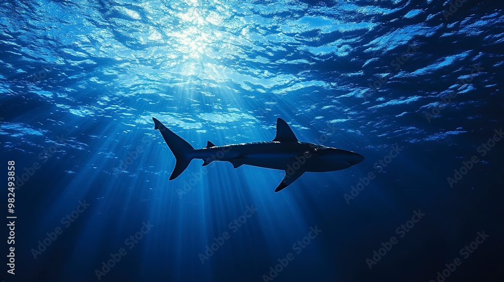 Fototapeta premium A solitary shark glides gracefully through the sunlit depths of the ocean, its silhouette casting a long shadow on the blue water.