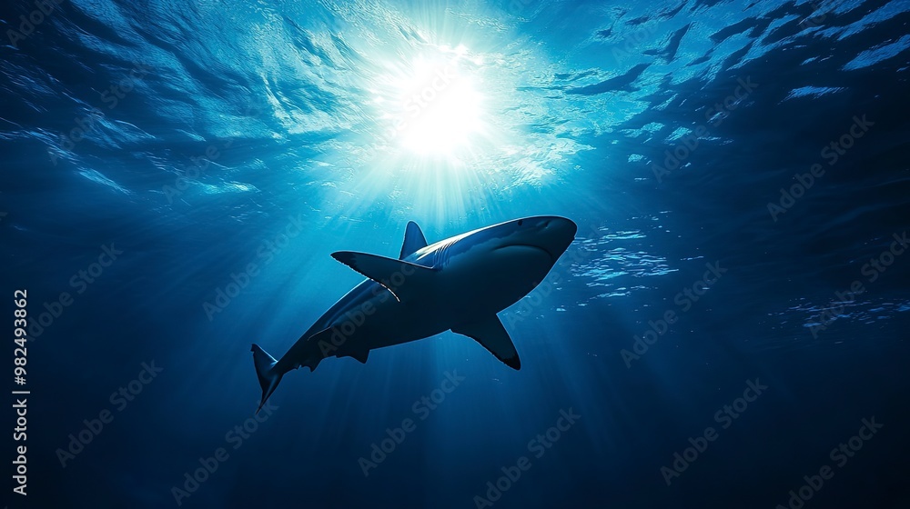 Fototapeta premium A solitary shark glides gracefully through the sunlit depths of the ocean, its silhouette casting a long shadow on the blue water. 