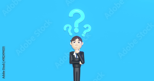 Businessman thinking with question mark on blue background.