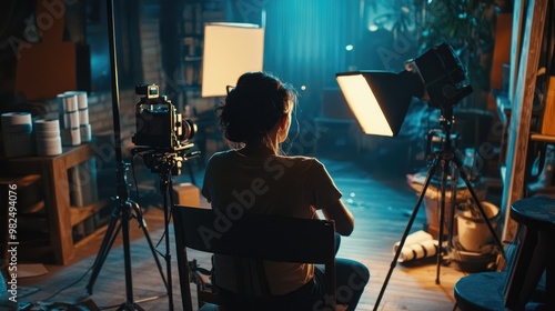 In a dimly lit studio, a woman sits among behind-the-scenes gear--film rolls, cameras, and lighting equipment--focused on her creative work.