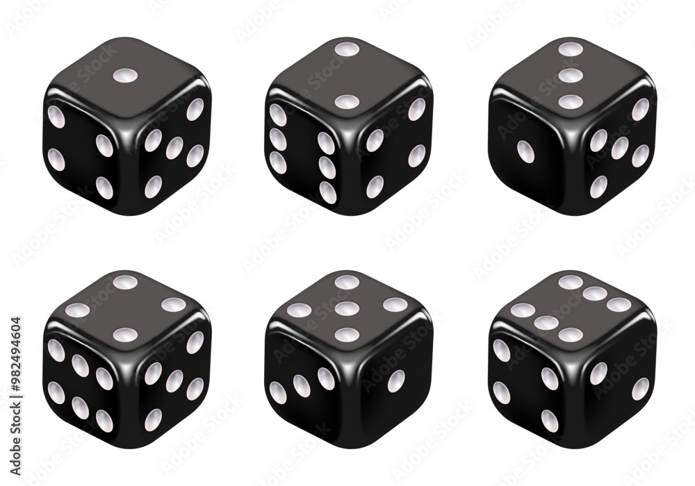 Black dice with white dots. Vector set isolated on white background. 3d dice. Black dice with white dots. Vector set isolated on white background. 3d dice.