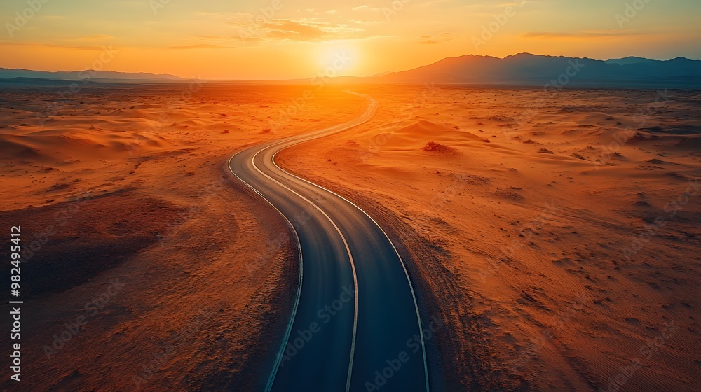 Fototapeta premium An aerial view showcases a winding desert highway through golden sand dunes, emphasizing dramatic shadows and warm sunset tones in a cinematic landscape with vast expanses of the Sahara.
