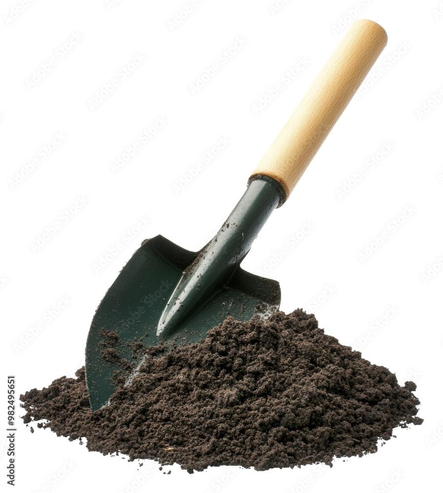 PNG Shovel resting on freshly dug soil in a garden PNG Shovel resting on freshly dug soil in a garden