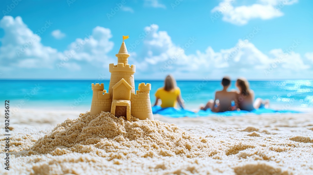 Visionary photorealistic family playing by the ocean Visionary photorealistic family playing by the ocean