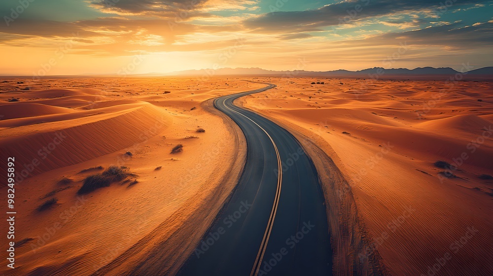 Fototapeta premium An aerial view showcases a winding desert highway through golden sand dunes, emphasizing dramatic shadows and warm sunset tones in a cinematic landscape with vast expanses of the Sahara.
