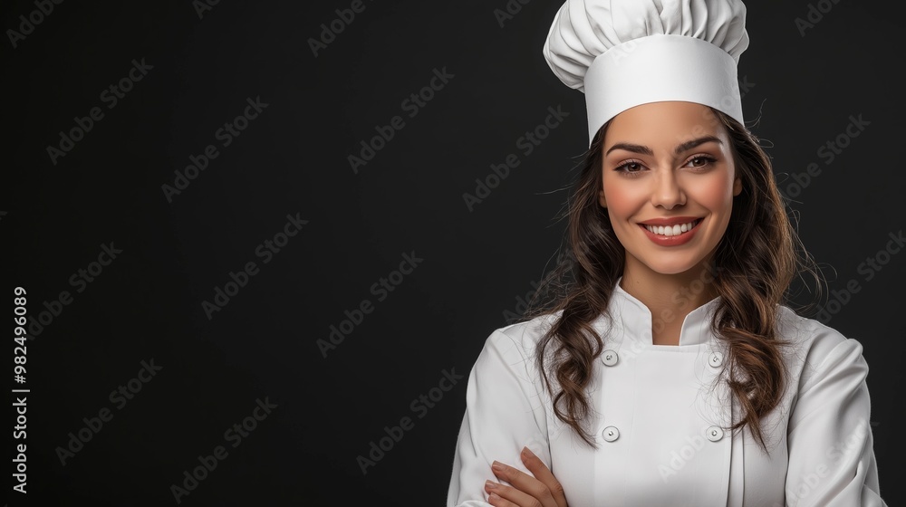 A woman chef is smiling and wearing a white hat and a white chef's coat. She is posing for a picture A woman chef is smiling and wearing a white hat and a white chef's coat. She is posing for a picture