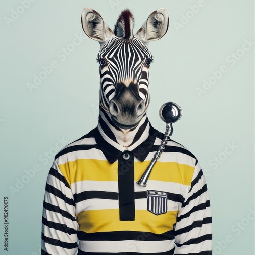 Zebra dressed as a referee, with a whistle and striped shirt, on a white background,  no blur, photo not dark, everything is clear, copy space photo