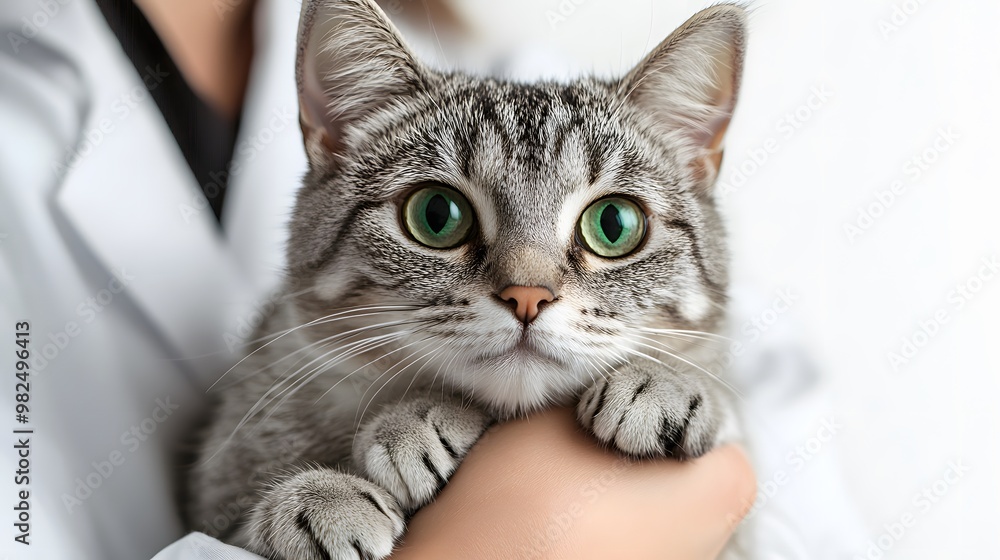 An American Shorthair cat with a silver tabby pattern is gently held by a veterinarian in a clean studio, showcasing the cat’s soft fur and professional care under soft, high-key lighting. An American Shorthair cat with a silver tabby pattern is gently held by a veterinarian in a clean studio, showcasing the cat’s soft fur and professional care under soft, high-key lighting.