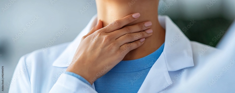Fototapeta premium Close-up of a doctor’s hand feeling a patient’s neck for thyroid swelling, thyroid exam, health screening.