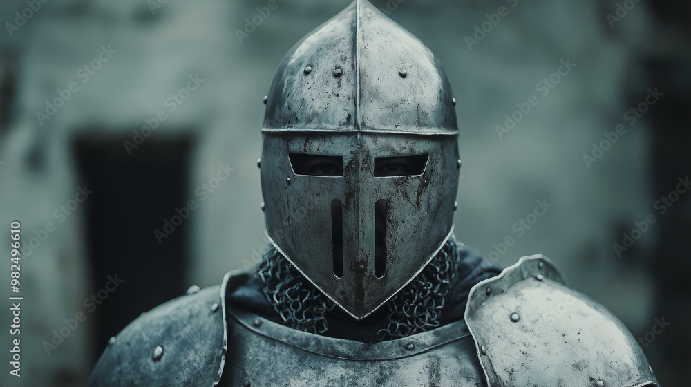 Man wearing Medieval Knights armor with heavy iron helmet Man wearing Medieval Knights armor with heavy iron helmet