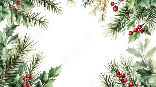 Watercolor Christmas greenery frame with white background