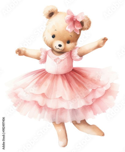 PNG Bear wearing pink ballet tutu dancing doll toy.