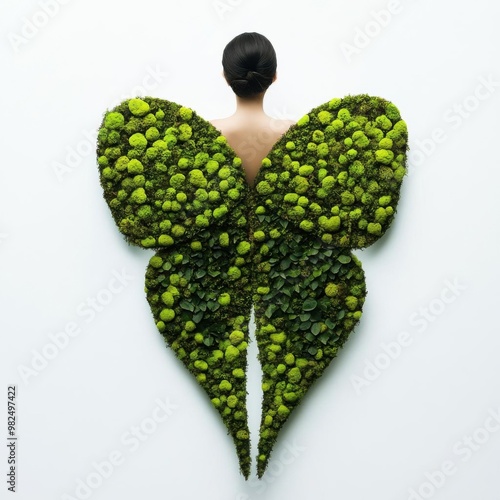 Forest fairy with mosscovered wings, standing gracefully on a white background,  no blur, photo not dark, everything is clear, copy space photo