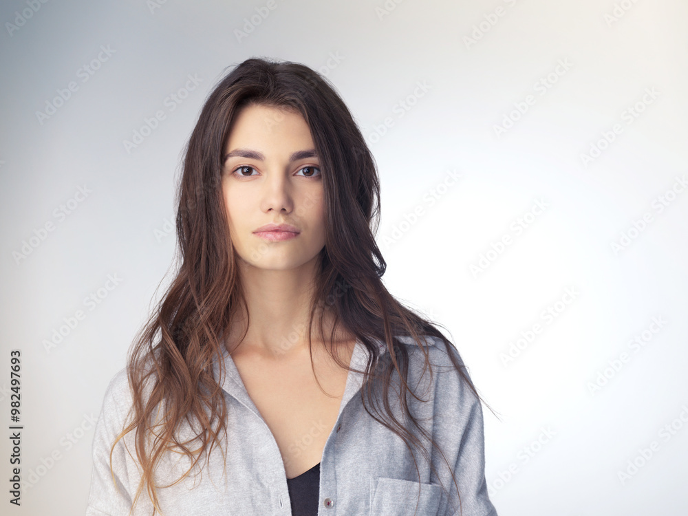 Fashion, portrait and girl in studio, trendy and stylish in mockup, proud and clothes for stylist. Confident, model and woman with hairstyle, retail and aesthetic of person, serious and shirt in USA Fashion, portrait and girl in studio, trendy and stylish in mockup, proud and clothes for stylist. Confident, model and woman with hairstyle, retail and aesthetic of person, serious and shirt in USA