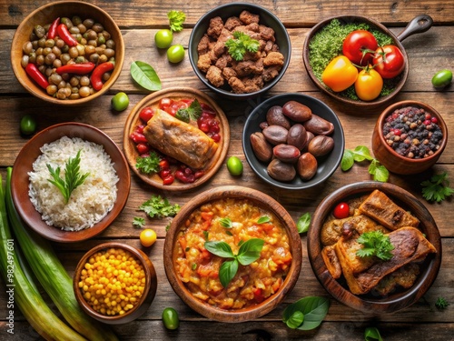 Warmly lit, a rustic wooden table sets the stage for traditional Puerto Rican flavors, featuring mouthwatering rice, beans, stews, and tender roasted pork.