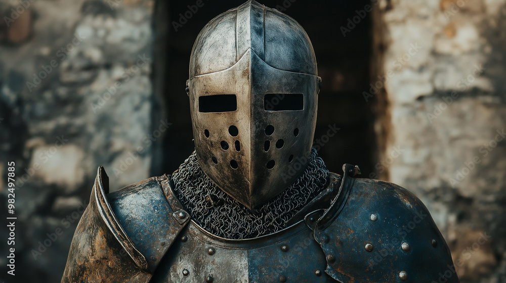 Man wearing Medieval Knights armor with heavy iron helmet Man wearing Medieval Knights armor with heavy iron helmet