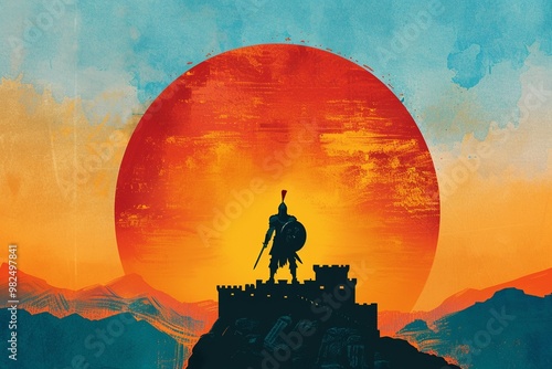 A vintagestyle illustration of an ancient warrior in traditional armor, standing before a grand fortress, under a setting sun, Vintage, Illustration photo