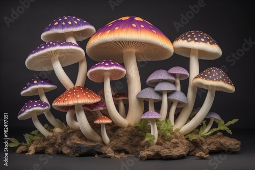 Mushrooms on a solid color background with green moss and water drops. generative ai photo