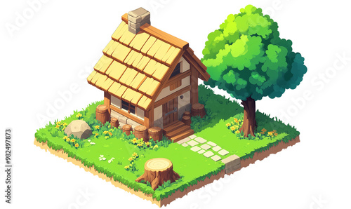 Isometric stylized wooden cottage with a garden