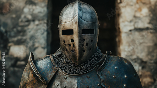 Man wearing Medieval Knights armor with heavy iron helmet