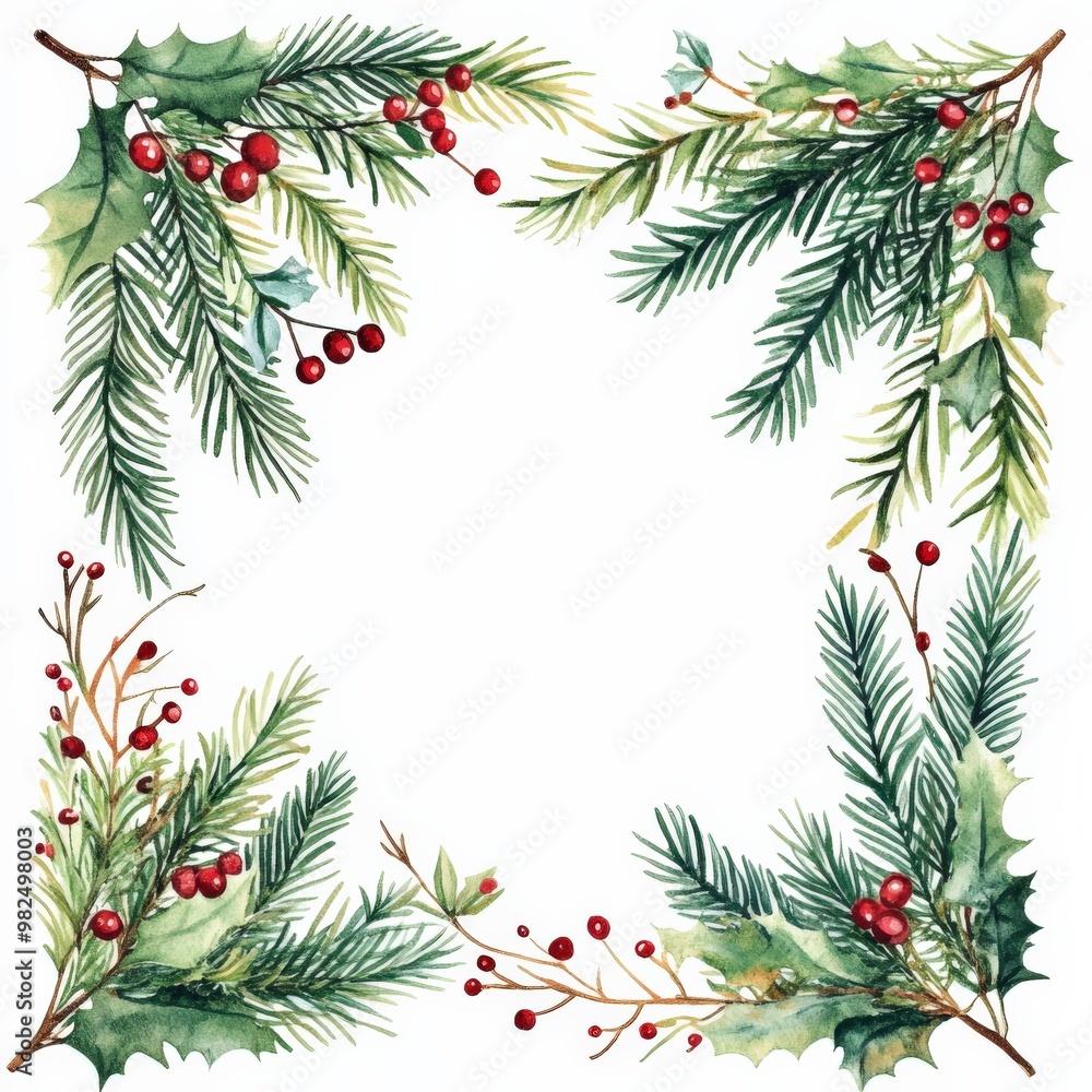 Watercolor Christmas greenery frame with white background Watercolor Christmas greenery frame with white background