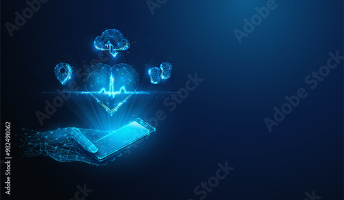Illustration of smartphone in hand with heart pulse, gps, steps and cloud hologram in low poly style. Blue geometric background depicting fitness tracking, healthcare and medicine concept by wireframe