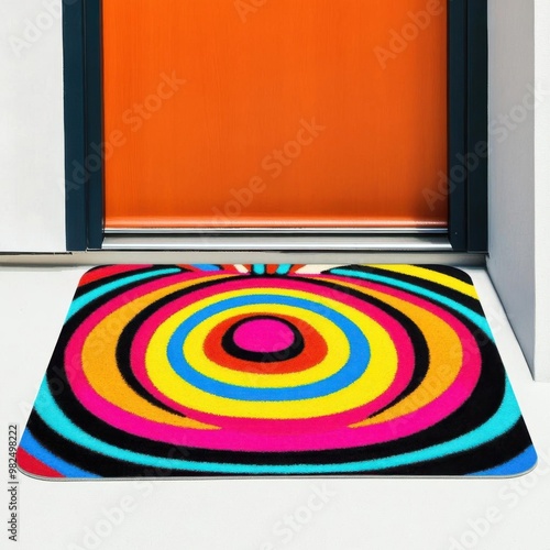 Mandalainspired floor mats for entrances, in vibrant colors, on a white background,  no blur, photo not dark, everything is clear, copy space photo