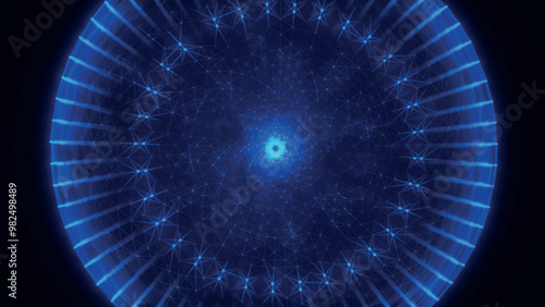 Abstract background with dynamic wave. Circular wave of dots. Musical sound wave. Dark background. Big data visualization. Plexus. Vector illustration.