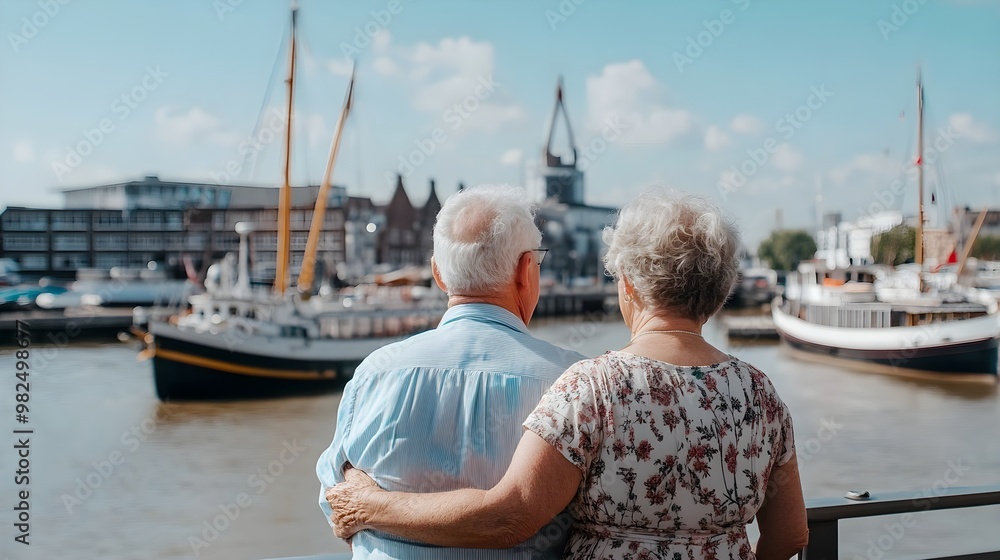Fototapeta premium An elderly couple enjoys a peaceful moment by the water, surrounded by boats and a clear sky in a picturesque harbor setting.