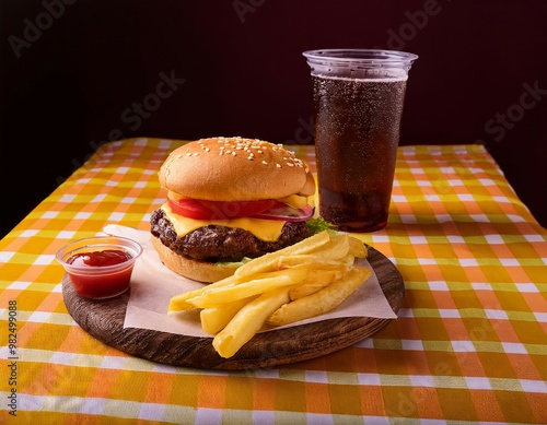 A classic cheeseburger with tomato, fries, and soda on a yellow checkered tablecloth, styled with bold colors and patterns, light and shadow play, vibrant street scenes, and organic geometries. photo