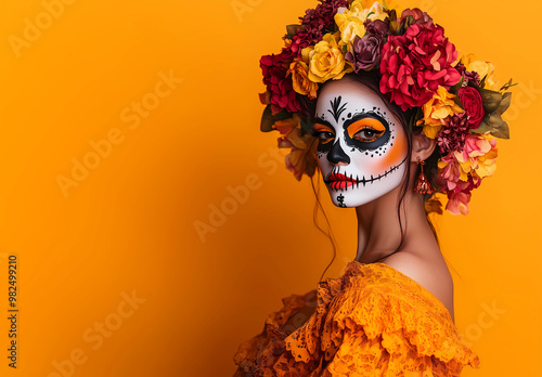 A young and beautiful Hispanic lady on sugar skull make up and her hair decorated with colourful flowers poses against orange background. A woman her face painted like La Catrina, The day of the death