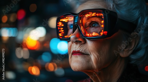 An elderly woman wearing futuristic glasses looks into the distance with a thoughtful expression. The glasses reflect the city lights behind her.