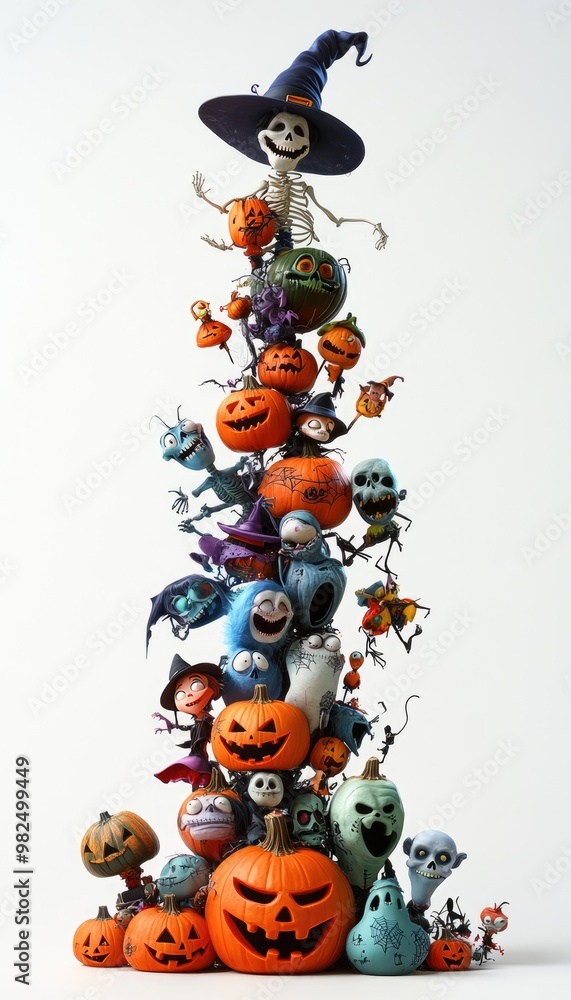 A Tower of Jack-O'-Lanterns and Spooky Characters for Halloween A Tower of Jack-O'-Lanterns and Spooky Characters for Halloween