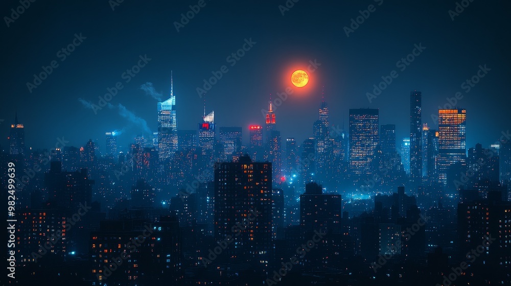 Obraz premium The nighttime city skyline showcases illuminated skyscrapers and bustling streets, showcasing urban life and modern architecture under a dark sky