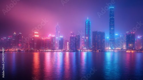 The nighttime city skyline showcases illuminated skyscrapers and bustling streets, showcasing urban life and modern architecture under a dark sky