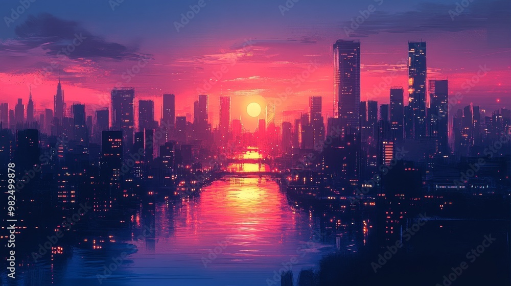 Fototapeta premium The nighttime city skyline showcases illuminated skyscrapers and bustling streets, showcasing urban life and modern architecture under a dark sky