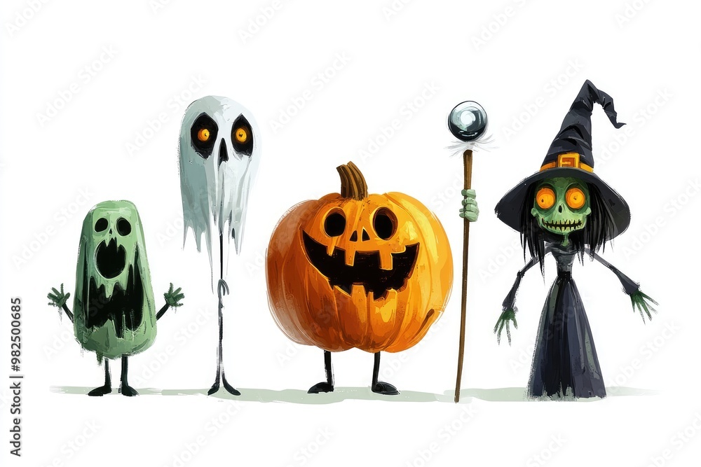 Fototapeta premium A Cartoon Witch, Ghost, Pumpkin, and Another Ghost Standing in a Row