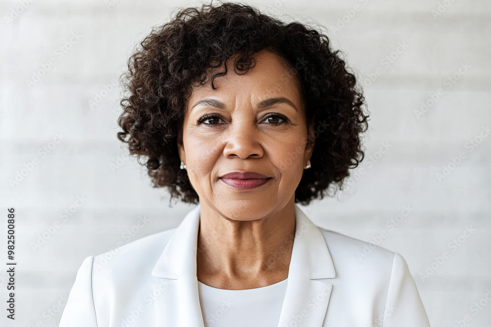 Elegant portrait of a middle-aged African American woman with natural beauty, captured in a minimalistic studio setting, showcasing confidence and grace in a modern and stylish attire. Elegant portrait of a middle-aged African American woman with natural beauty, captured in a minimalistic studio setting, showcasing confidence and grace in a modern and stylish attire.