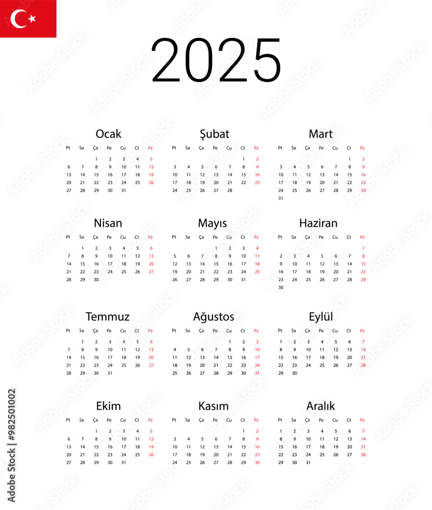 Turkish 2025 calendar. Vector illustration design template start from monday. Full months for wall calendar