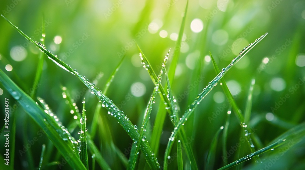 Obraz premium Close-up of Dew-Covered Blades of Grass in Sunlight