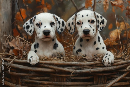 playful dalmatian puppies frolicking near rustic haystacks contrasting black spots against white fur create visual interest in this charming rural scene of canine curiosity