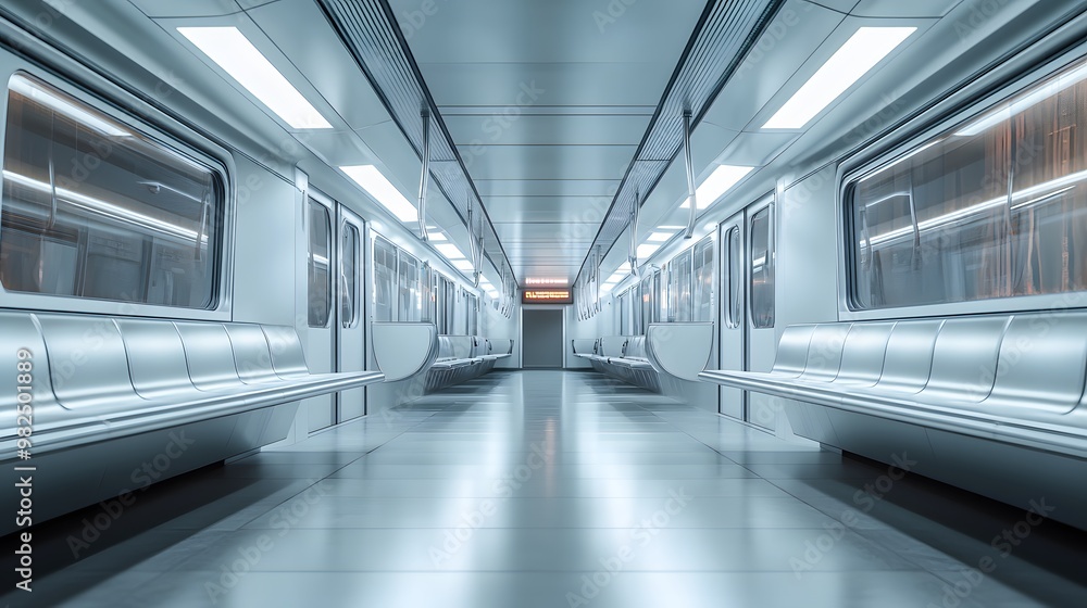 The modern subway train interior features sleek silver seats and a symmetrical corridor perspective, showcasing bright LED lighting and a minimalist design in an urban public transportation setting.