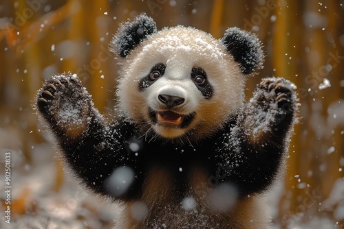 playful giant panda frolicking in fresh snowfall bamboo forest backdrop soft winter light powdery snow flurries photo