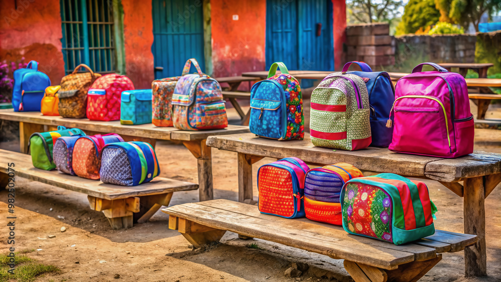 Fototapeta premium Colorful backpacks and lunch boxes surround a vacant wooden bench in a rural Indian schoolyard, evoking a sense of joyful student camaraderie.