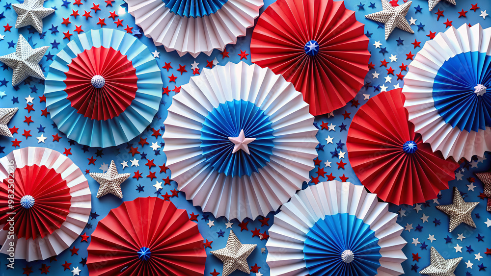Vibrant red, white, and blue paper fans with stars and confetti scattered across a flat lay background, perfect for Independence Day, Presidents Day, Memorial Day, and US election celebrations. Vibrant red, white, and blue paper fans with stars and confetti scattered across a flat lay background, perfect for Independence Day, Presidents Day, Memorial Day, and US election celebrations.