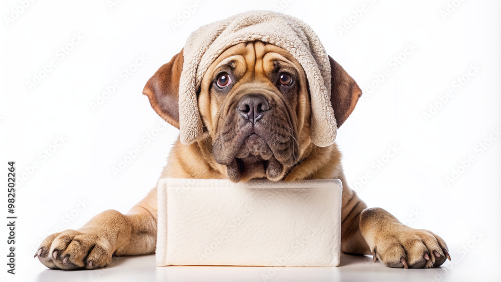 Obraz premium Adorable mastiff puppy with a towel wrapped around its head, cream on its face, and holding an empty sign above a white banner on a white background.