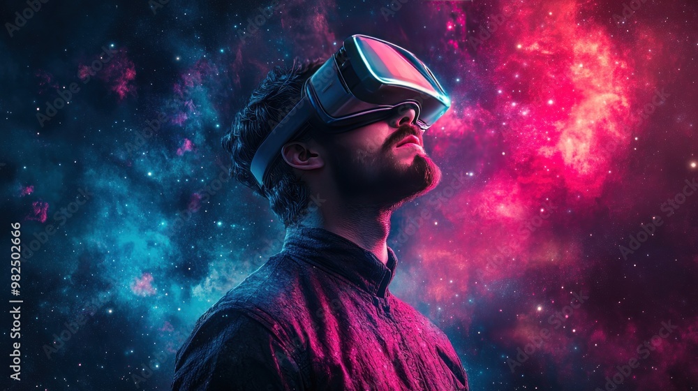 A man wearing VR headset looks up at a colorful nebula, exploring a virtual reality world. A man wearing VR headset looks up at a colorful nebula, exploring a virtual reality world.