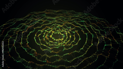 Abstract background with dynamic wave. Circular wave of dots. Musical sound wave. Dark background. Big data visualization. Plexus. Vector illustration.