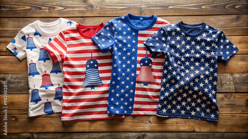 Obraz premium Colorful array of patriotic T-shirts with stars, stripes, eagles, and liberty bells adorn a rustic wooden table, celebrating American Independence Day spirit.